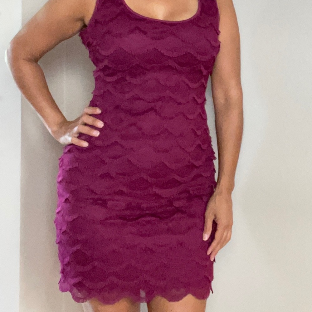 Guess Dress Purple Bodycon Sheath Fringe Scallop